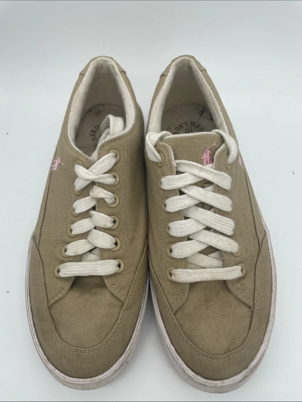 Polo by Ralph Lauren Tan Canvas Low-Top Sneakers with Pink Pony